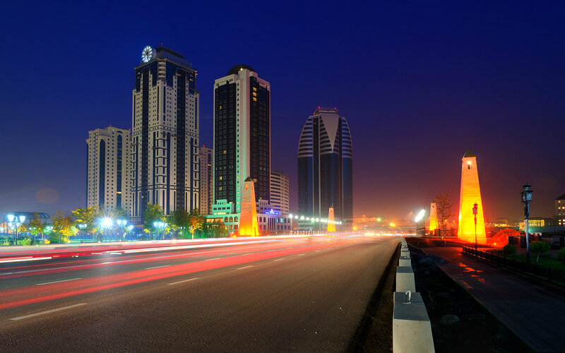 City Skyline at Night — Blue, Dramatic, Photograph, Skyscrapers, Traffic