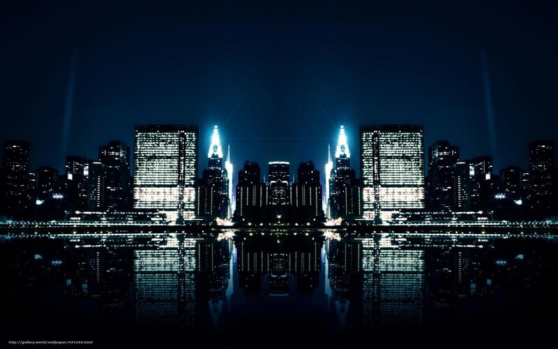 City Skyline at Night — Blue, Dramatic, Photograph, Skyscrapers, Water, Lights