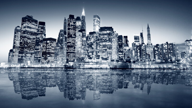 City Skyline at Night — Blue, Dramatic, Photograph, Skyscrapers, Water, Reflection