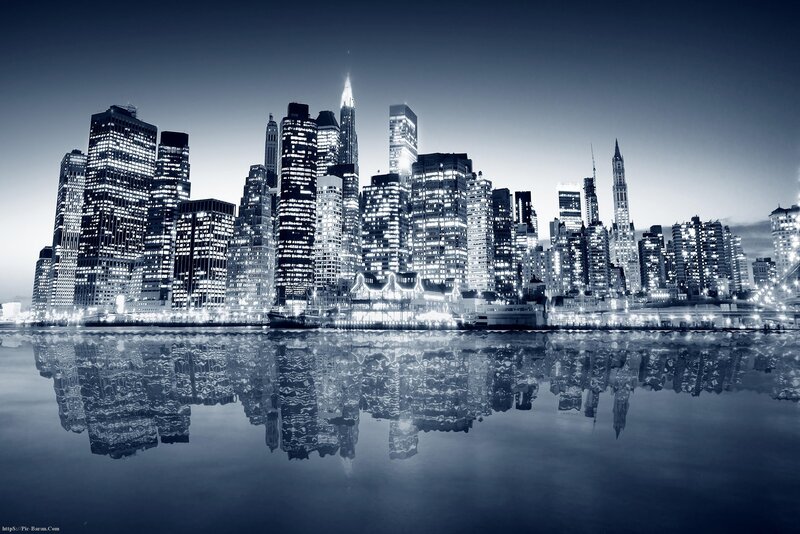 City Skyline at Night — Blue, Dramatic, Photograph, Skyscrapers, Water, Reflection, White, Black