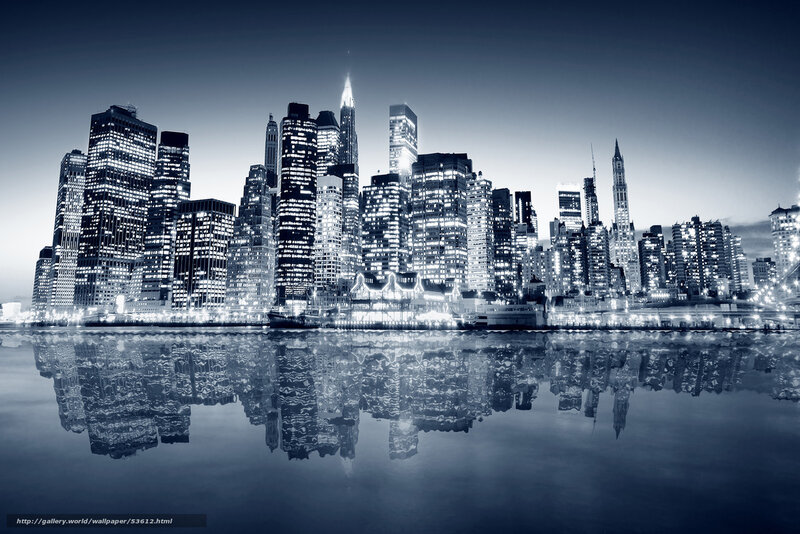 City Skyline at Night — Blue, Dramatic, Photograph, Skyscrapers, Water