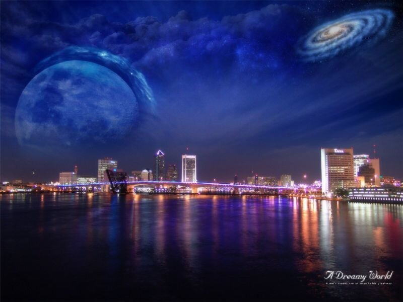 City Skyline at Night — Blue, Dreamy, Digital Art, Moon, Galaxy, River