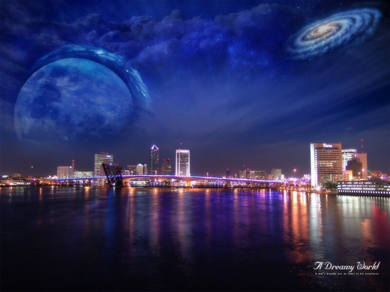 City Skyline at Night — Blue, Dreamy, Digital Art, Moon, Galaxy