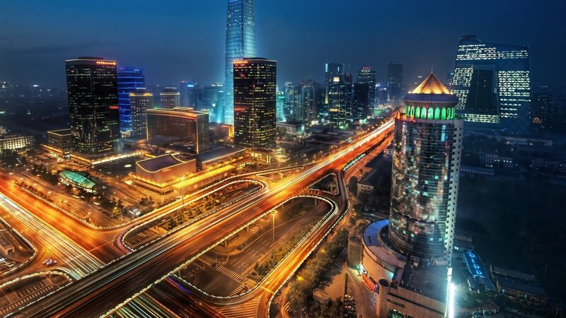 City Skyline at Night — Blue, Highway