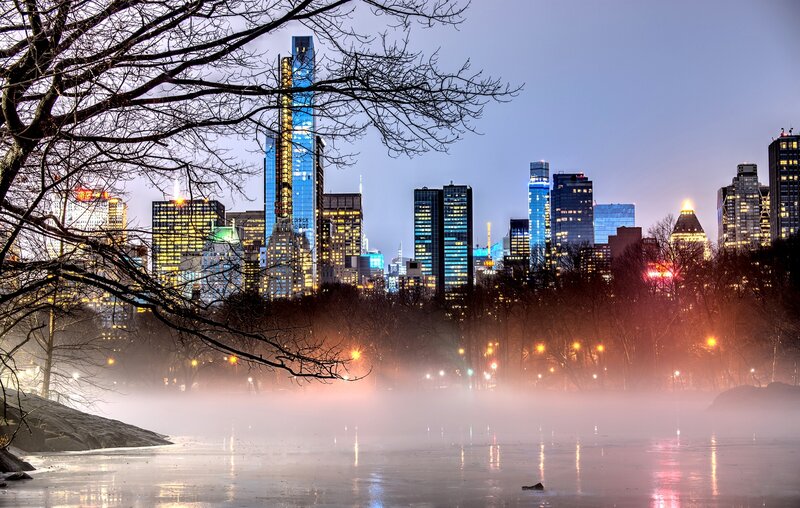 City Skyline at Night — Blue, Misty