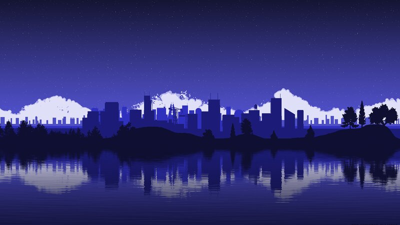 City Skyline at Night — Blue, Serene, Digital Art, Buildings