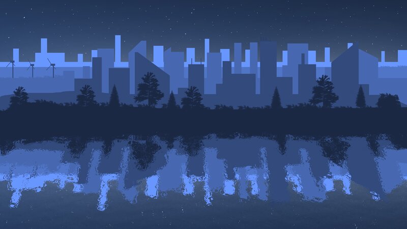 City Skyline at Night — Blue, Serene, Digital Art, Buildings, Trees
