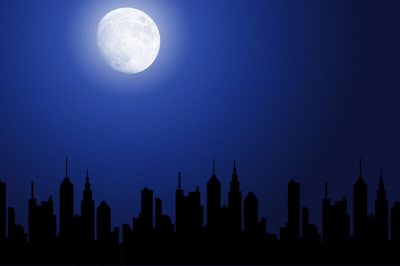 City Skyline at Night — Blue, Serene, Digital Art, Moon, Sky