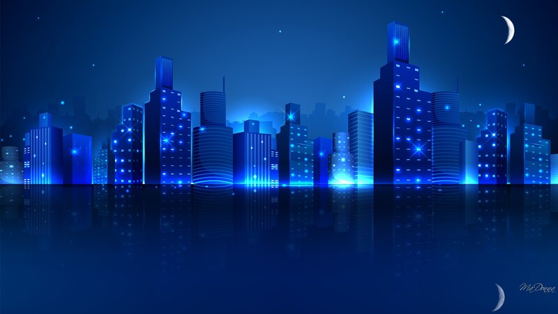 City Skyline at Night — Blue, Serene, Digital Art, Moon, Water