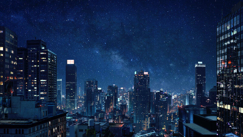City Skyline at Night — Blue, Serene, Digital Art, Skyscrapers, Stars