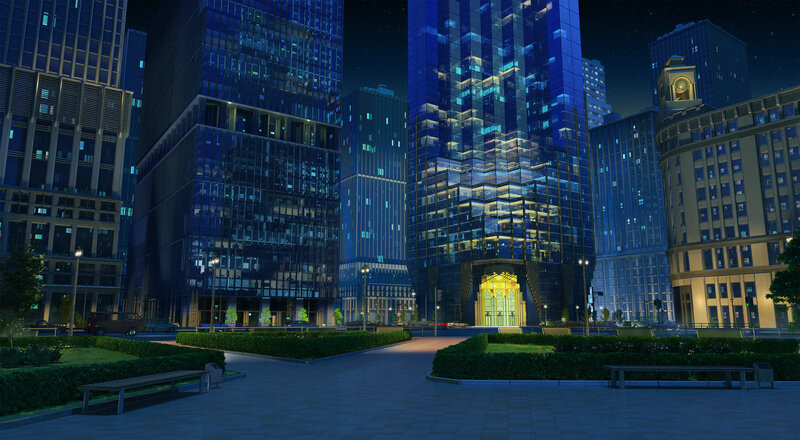 City Skyline at Night — Blue, Serene, Digital Art, Skyscrapers, Streetlights