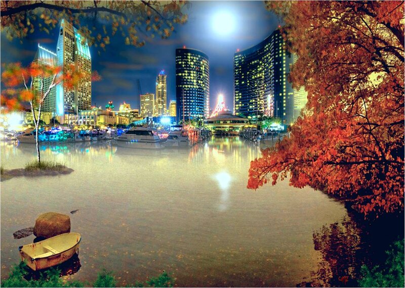 City Skyline at Night — Blue, Serene, Digital Art, Skyscrapers