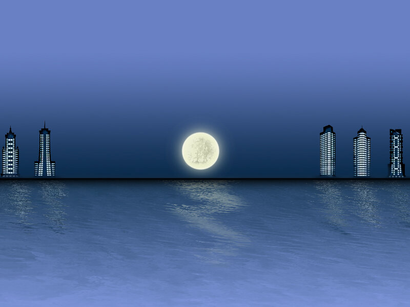 City Skyline at Night — Blue, Serene, Digital Art