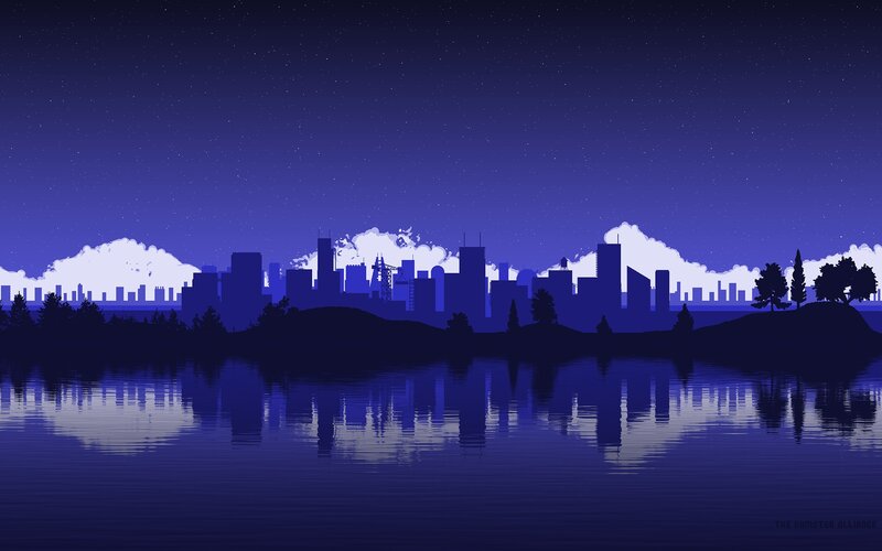 City Skyline at Night — Blue, Serene, Digital Art, Water, Trees, Clouds, Purple