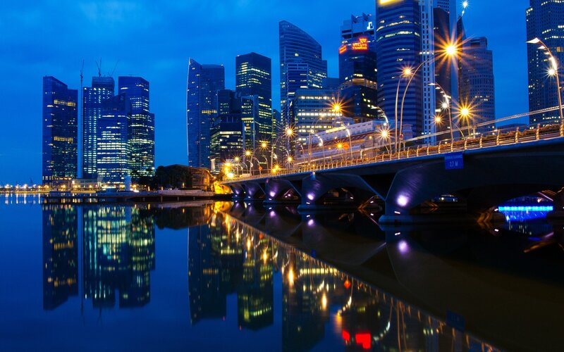 City Skyline at Night — Blue, Serene, Photograph, Bridge, Skyscrapers