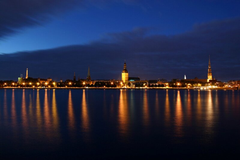 City Skyline at Night — Blue, Serene, Photograph, Buildings, River