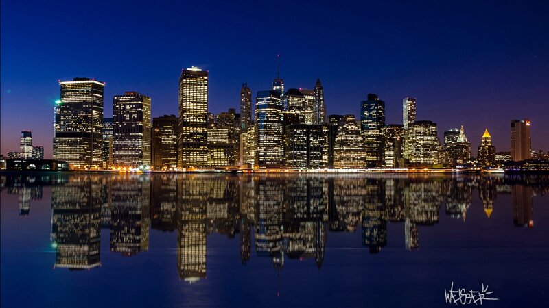 City Skyline at Night — Blue, Serene, Photograph, Buildings, Water, Reflection