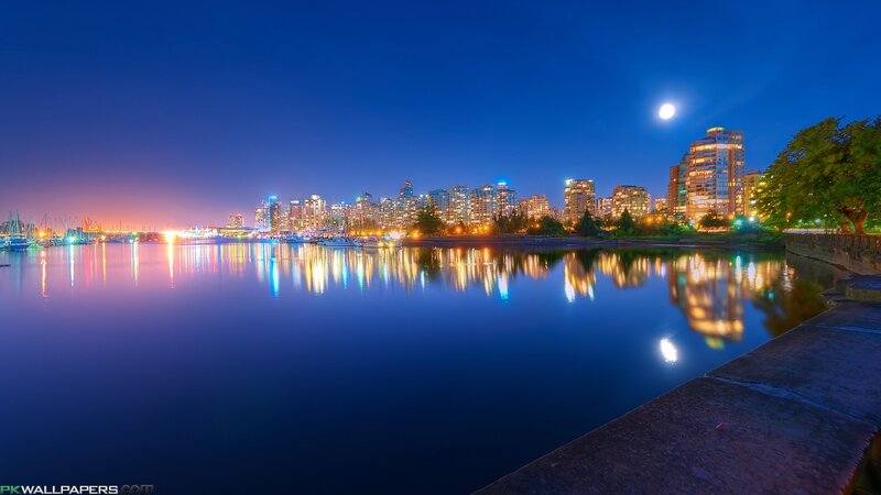 City Skyline at Night — Blue, Serene, Photograph, Moon, Buildings