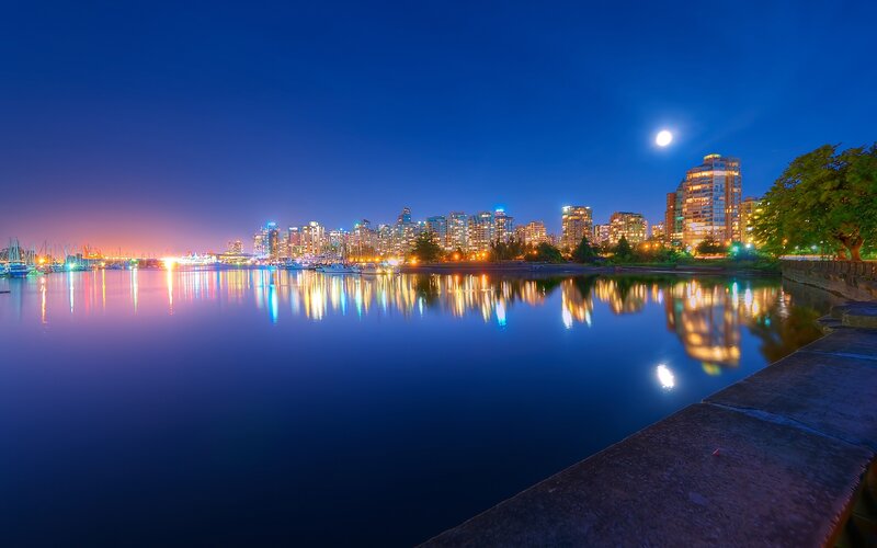 City Skyline at Night — Blue, Serene, Photograph, Moon, Buildings, Trees