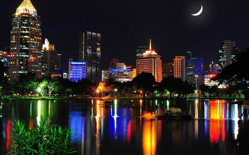 City Skyline at Night — Blue, Serene, Photograph, Moon, Lake