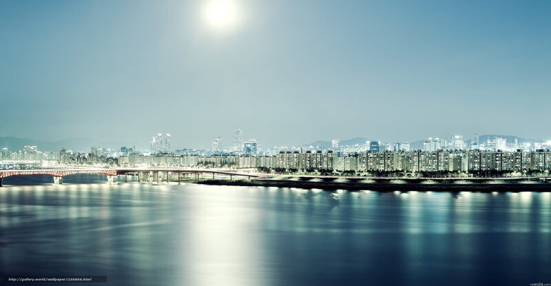 City Skyline at Night — Blue, Serene, Photograph, River, Bridge, Skyscraper
