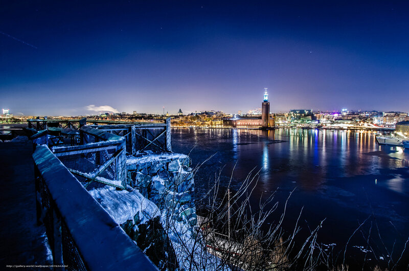 City Skyline at Night — Blue, Serene, Photograph, River, Buildings