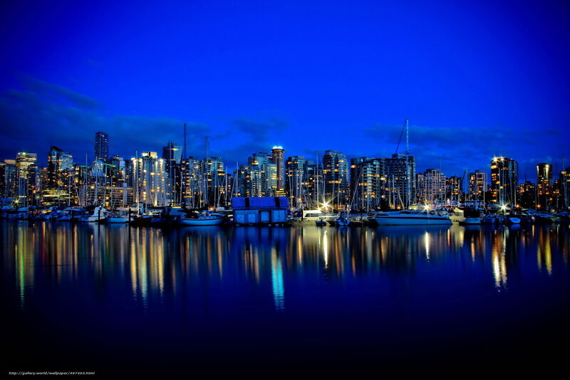 City Skyline at Night — Blue, Serene, Photograph, Skyscraper, Boats