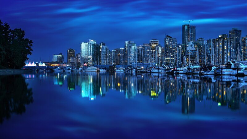 City Skyline at Night — Blue, Serene, Photograph, Skyscraper, Marina