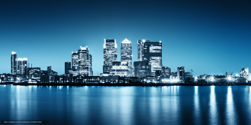 City Skyline at Night — Blue, Serene, Photograph, Skyscrapers, River