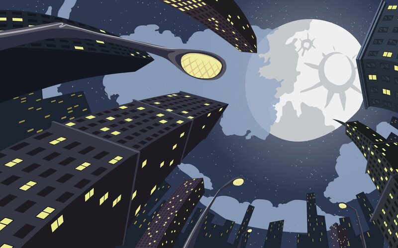 City Skyline at Night — Dark Blue, Dramatic, Digital Art