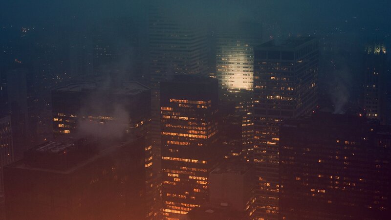 City Skyline at Night — Dark Blue, Dramatic, Photograph