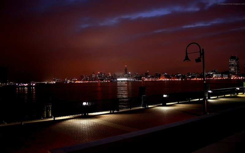 City Skyline at Night — Dark Red, Dramatic, Photograph, Pier