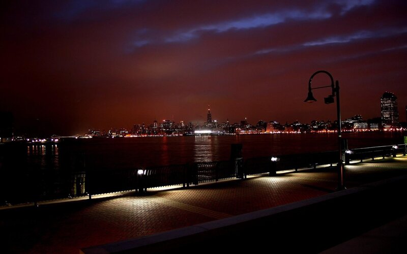 City Skyline at Night — Dark Red, Dramatic, Photograph, River