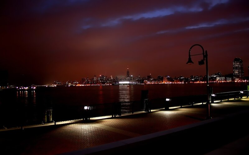 City Skyline at Night — Dark Red, Dramatic, Photograph