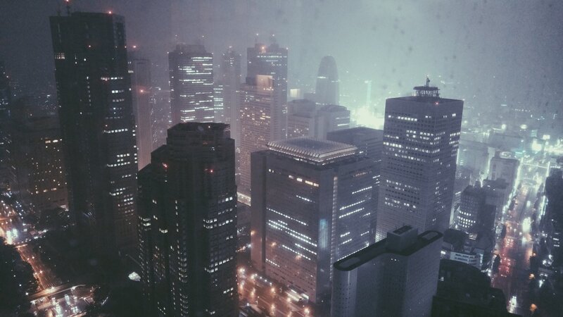 City Skyline at Night — Gray, Moody, Rainy