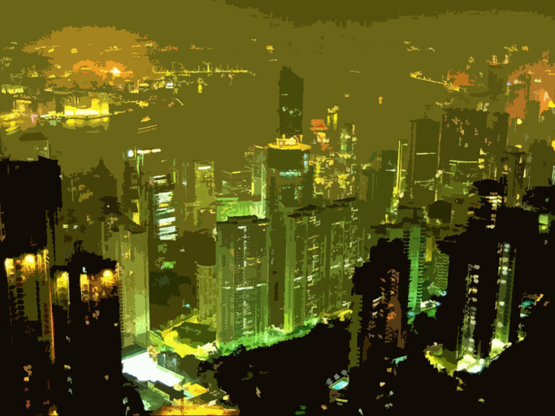 City Skyline at Night — Green, Dark