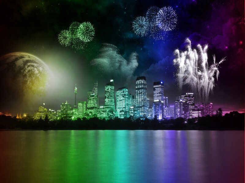 City Skyline at Night — Green, Dramatic, Digital Art, Fireworks