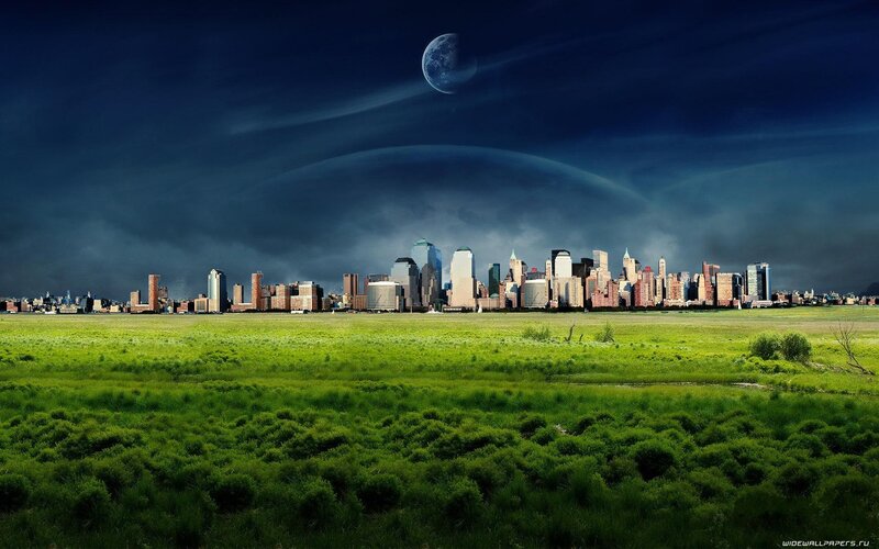 City Skyline at Night — Green, Dramatic, Digital Art, Moon, Clouds
