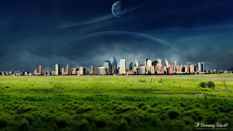 City Skyline at Night — Green, Dramatic, Digital Art, Moon, Field