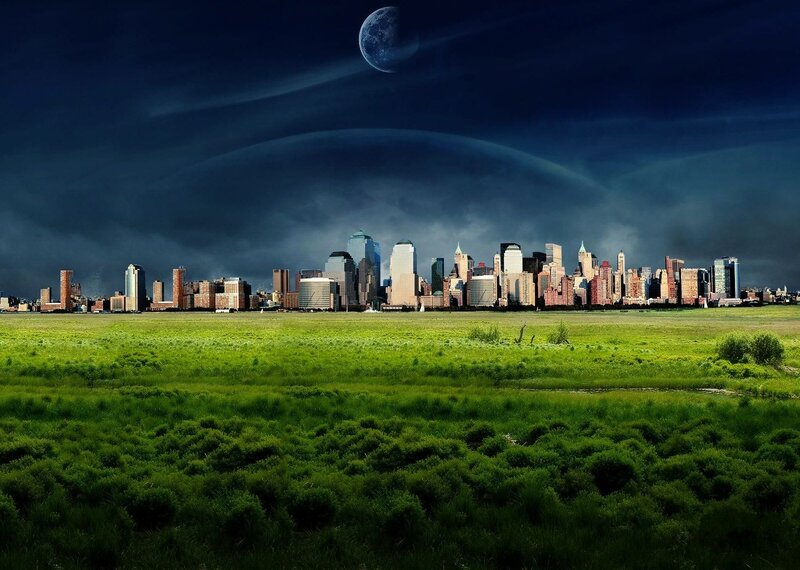 City Skyline at Night — Green, Dramatic, Digital Art, Moon