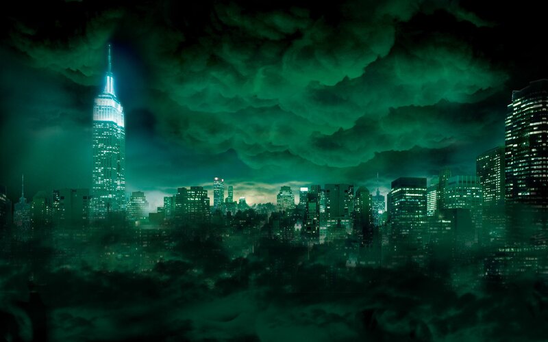 City Skyline at Night — Green, Dramatic, Digital Art, Skyscraper