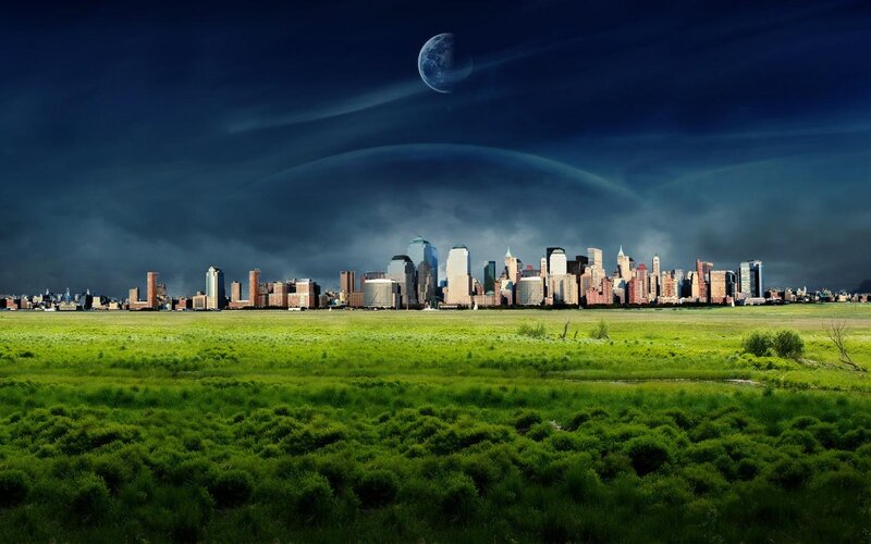 City Skyline at Night — Green, Dramatic, Digital Art
