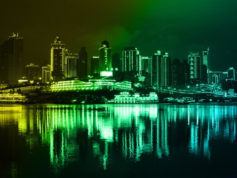 City Skyline at Night — Green, Dramatic, Photograph