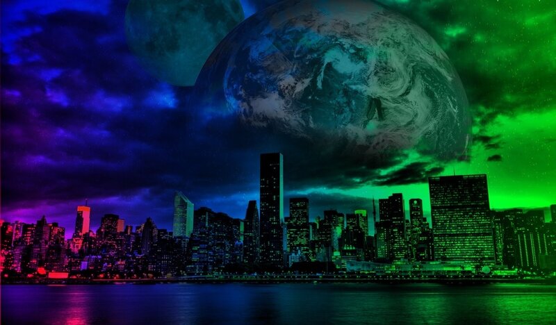 City Skyline at Night — Green, Dramatic