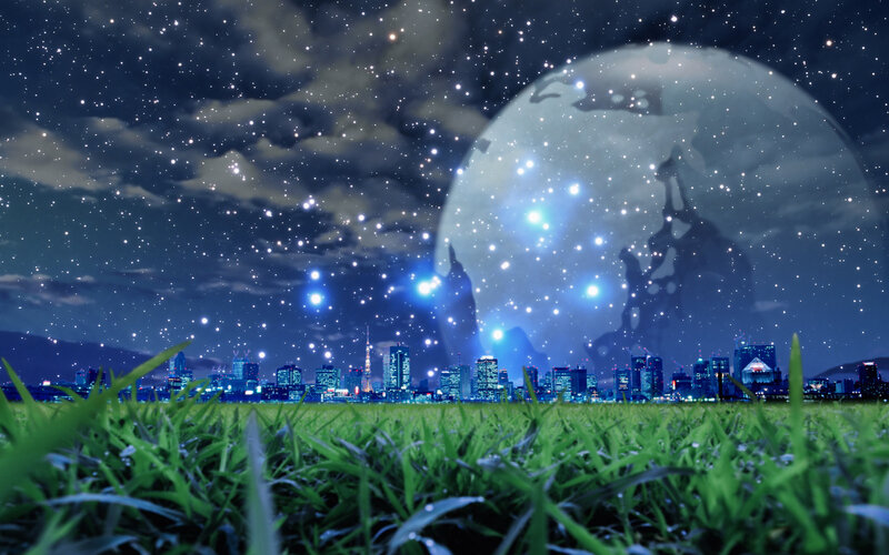 City Skyline at Night — Green, Serene