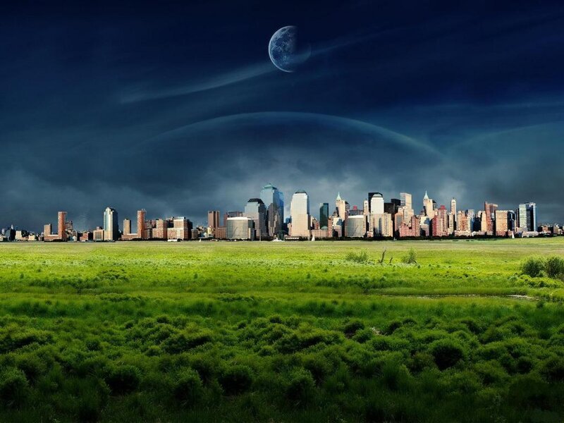 City Skyline at Night — Green