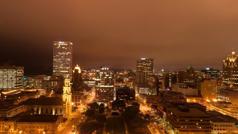 City Skyline at Night — Orange, Calm, Photograph, Skyscrapers