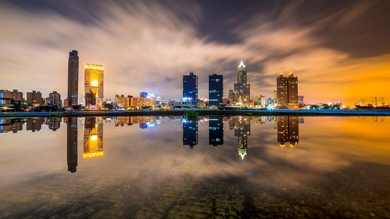 City Skyline at Night — Orange, Dramatic, Photograph, Buildings, Reflection, Sky