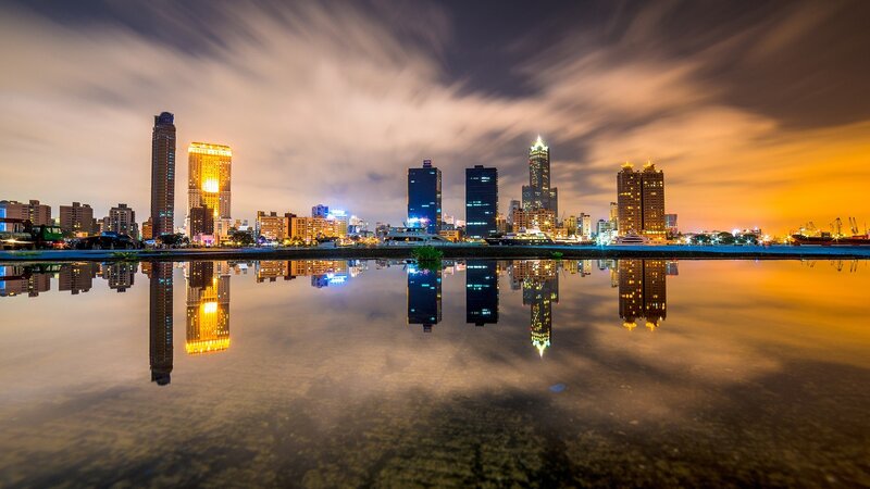 City Skyline at Night — Orange, Dramatic, Photograph, Buildings, Reflection