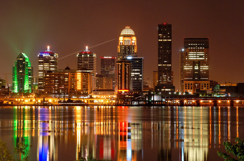 City Skyline at Night — Orange, Dramatic, Photograph, Buildings, River